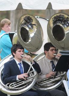 Description: <div class="source">Neal Cardin</div><div class="image-desc">Members of the LaRue County Band of Hawks play "Hail to the Chief" as the official party, including President Taft as portrayed by Dale Liikala, walks to the podium during Monday's centennial celebration.</div><div class="buy-pic"><a href="http://www.lcni5.com/cgi-bin/c2newbuyphoto.cgi?pub=053&amp;orig=1114memorial2.jpg" target="_new">Buy this photo</a></div>